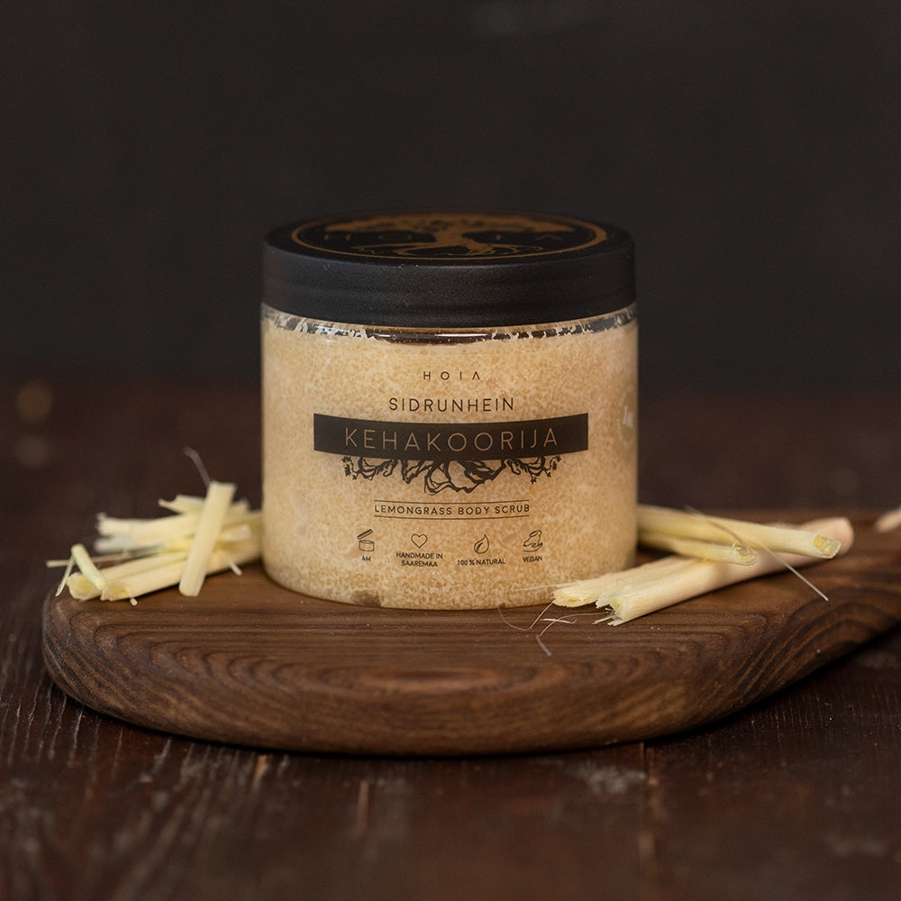 HOIA Lemongrass Body Scrub on a wooden board
