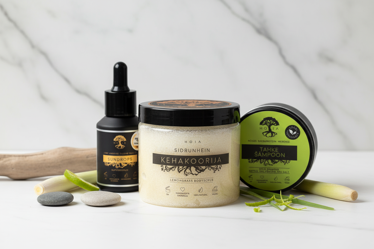 Sundrops Facial Oil, Lemongrass Body Scrub & Solid Shampoo Bar Group Shot